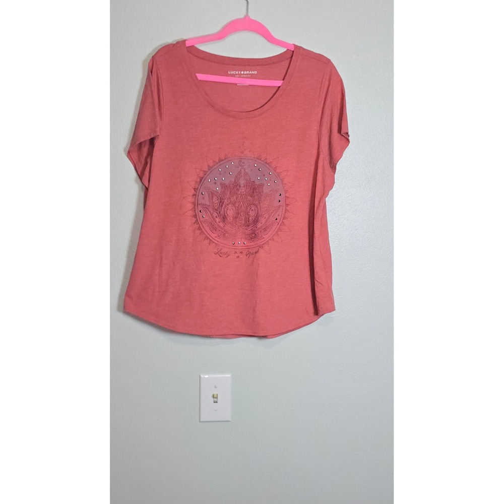 Lucky Brand Women XL Coral Pink Lotus Flower Rhinestone Graphic Tee Short Sleeve